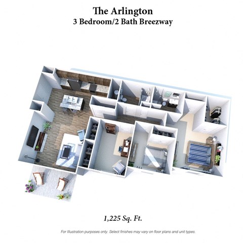 Floor plan for 3 beds, 2 baths, 1225 sqft